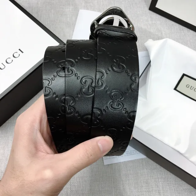 Gucci GG Marmont Black Silver Embossed Monogram Interlocking G Buckle Leather Belt 2