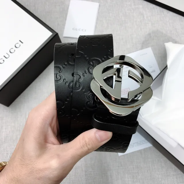 Gucci GG Marmont Black Silver Embossed Monogram Interlocking G Buckle Leather Belt 3