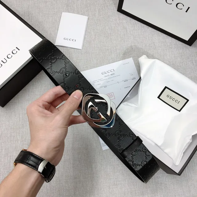 Gucci GG Marmont Black Silver Embossed Monogram Interlocking G Buckle Leather Belt 5