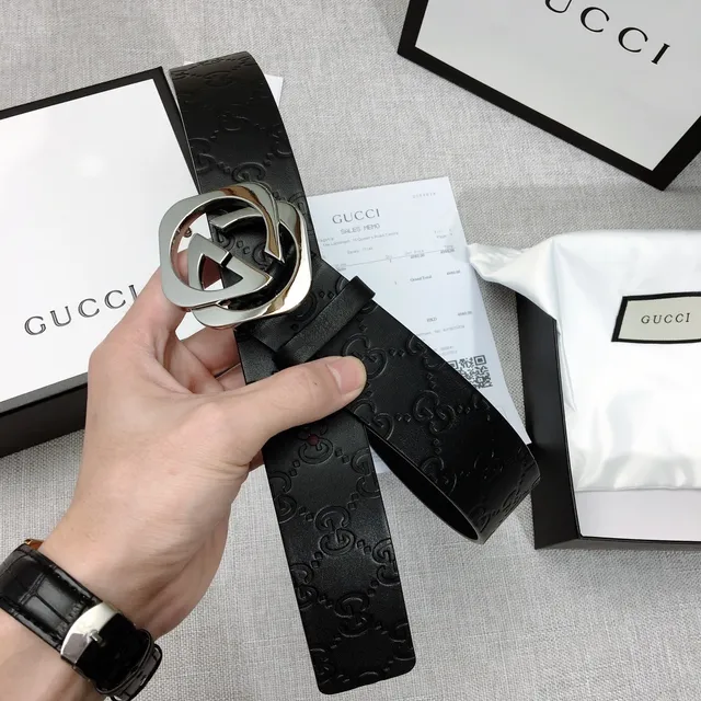 Gucci GG Marmont Black Silver Embossed Monogram Interlocking G Buckle Leather Belt 6
