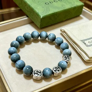 Gucci GG Marmont Blue Silver Beaded Marbled Stone Bracelet
