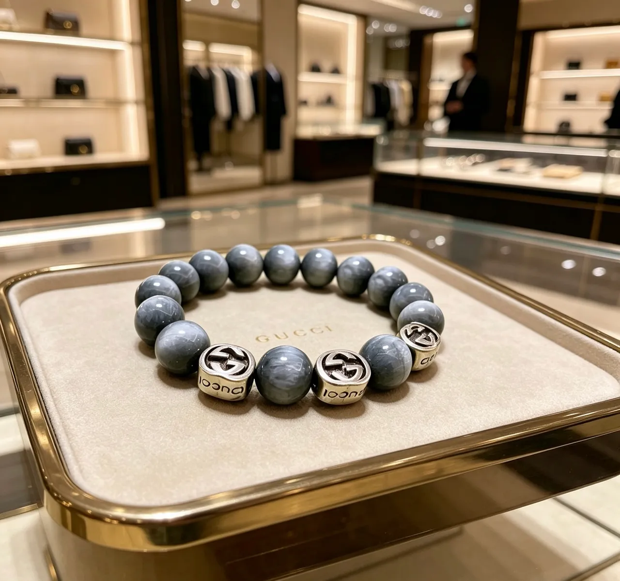 Gucci GG Marmont سوارة حجر ماربل أزرق فضي مرصعة بالخرز 4