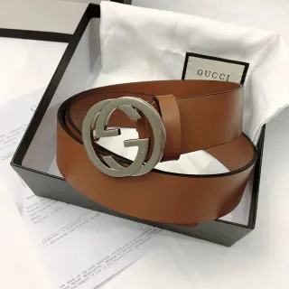 Gucci GG Marmont বাদামী রূপালী interlocking G বাকেল স্মুথ লেদার বেল্ট