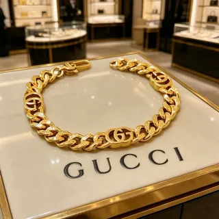 Gucci GG Marmont Gold Chunky Curb-Link Chain Interlocking Double-G Motifs Bracelet