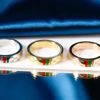 Gucci GG Marmont Gold Red Metallic Band Enamel Web Stripe Ring