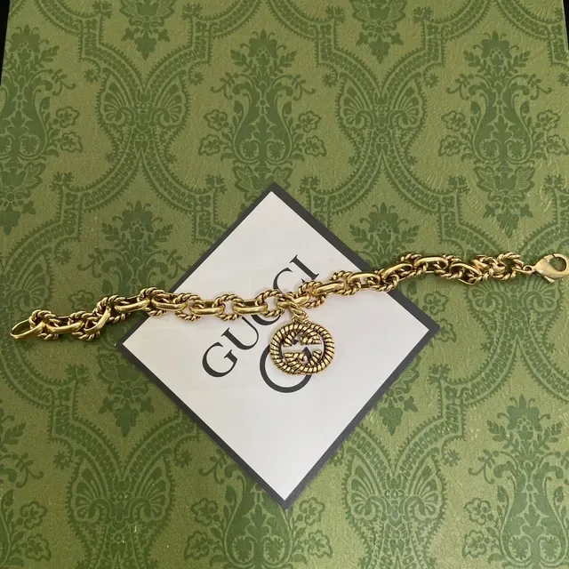 Gucci GG Marmont Gold Twisted Rope-Link Chain Interlocking G Pendant Bracelet 6