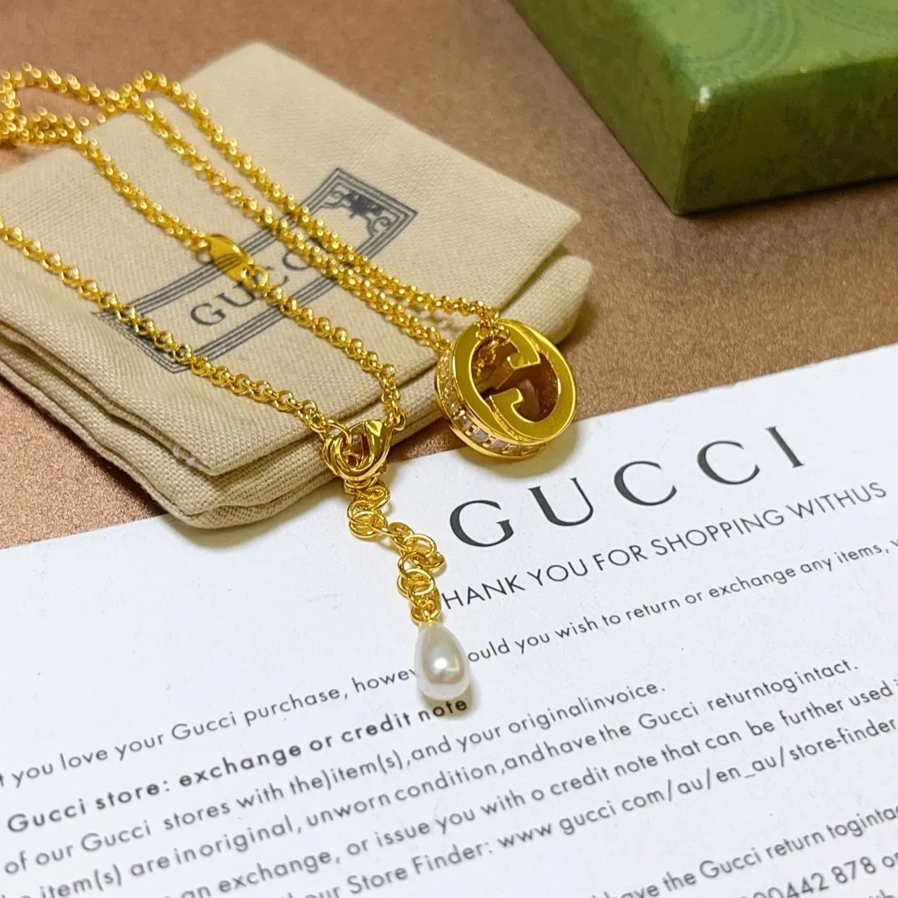 Gucci GG Marmont Gold White Chain Interlocking G Pendant Necklace 3