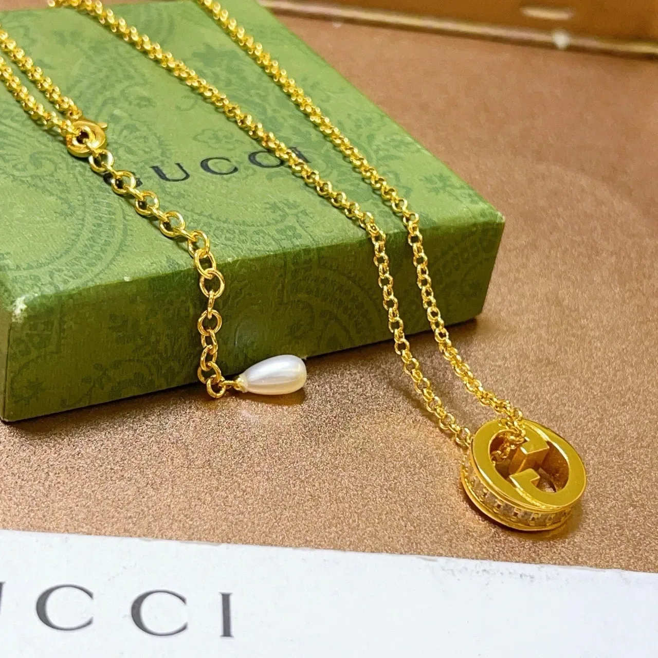 Gucci GG Marmont Gold White Chain Interlocking G Pendant Necklace 4