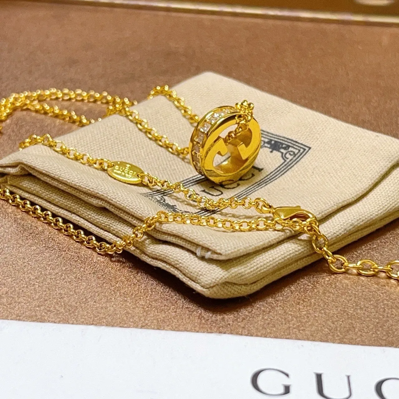 Gucci GG Marmont Gold White Chain Interlocking G Pendant Necklace 6