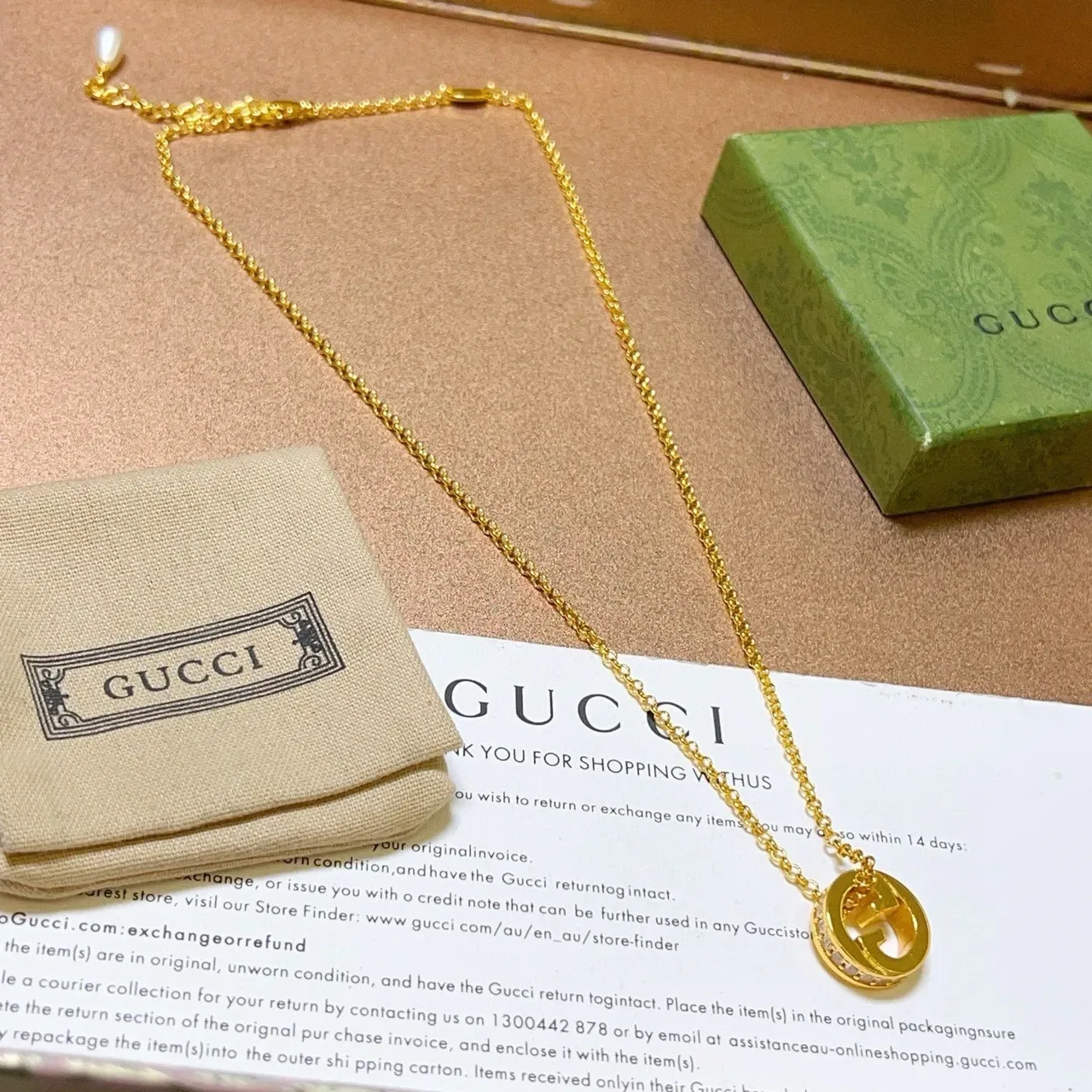 Gucci GG Marmont Gold White Chain Interlocking G Pendant Necklace 9