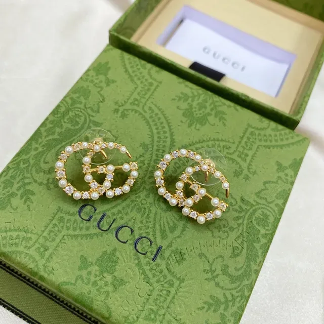 Gucci GG Marmont Pearl and Crystal Double G Stud Earrings 2