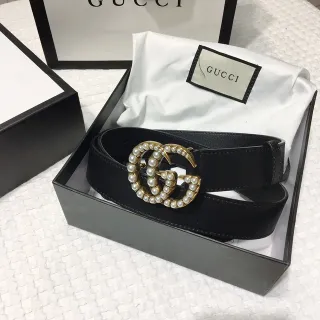 Gucci GG Marmont Pearl-Embellished Black Leather Belt