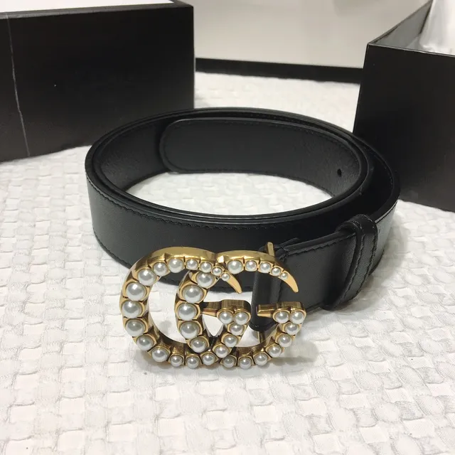 Gucci GG Marmont Pearl-Embellished Black Leather Belt 2