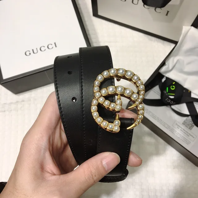 Gucci GG Marmont Pearl-Embellished Black Leather Belt 4