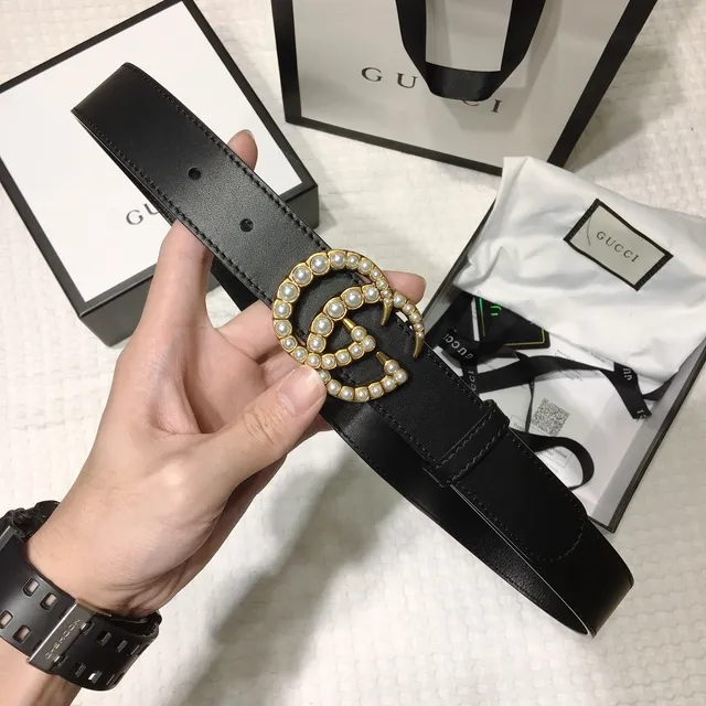 Gucci GG Marmont Pearl-Embellished Black Leather Belt 5