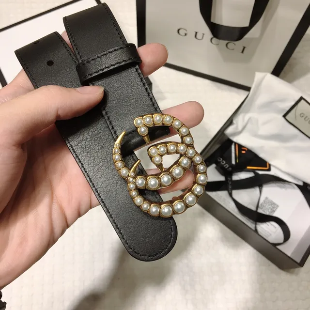 Gucci GG Marmont Pearl-Embellished Black Leather Belt 6