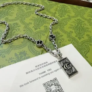 Gucci GG Marmont Rectangular Pendant Oxidized Silver and Black Enamel Necklace