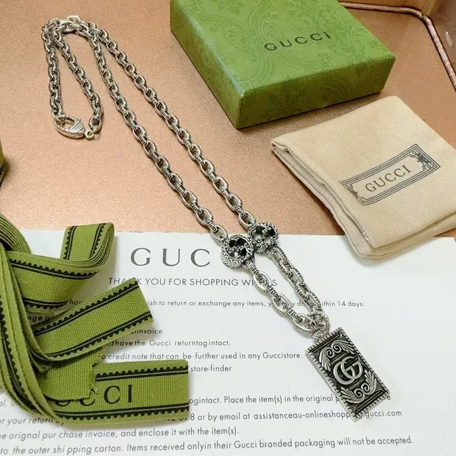 Gucci GG Marmont Rectangular Pendant Oxidized Silver and Black Enamel Necklace 3