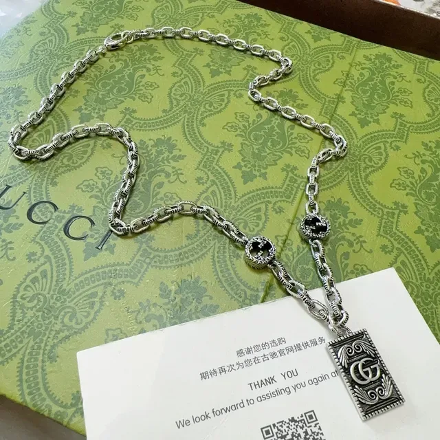 Gucci GG Marmont Rectangular Pendant Oxidized Silver and Black Enamel Necklace 4