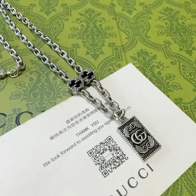 Gucci GG Marmont Rectangular Pendant Oxidized Silver and Black Enamel Necklace 6