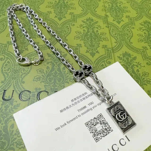 Gucci GG Marmont Rectangular Pendant Oxidized Silver and Black Enamel Necklace 9