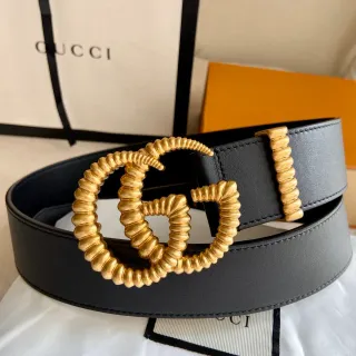 Gucci GG Marmont Ribbed Gold-Tone Interlocking G Black Leather Belt