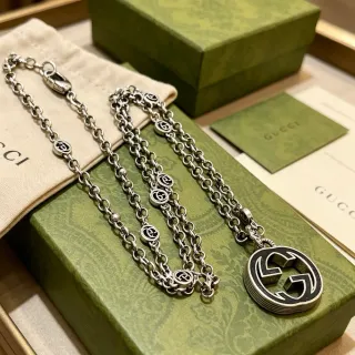 Gucci GG Marmont Silver Black Chain Enamel Pendant Necklace