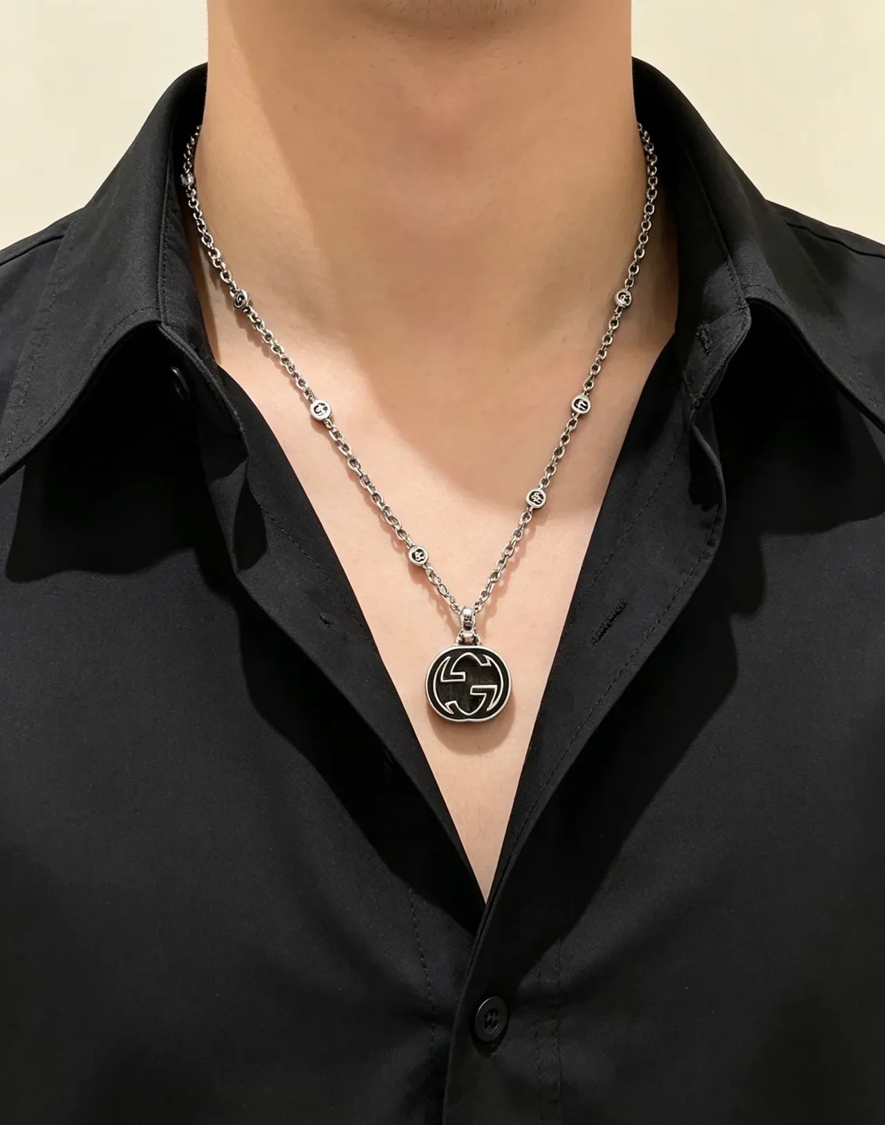 Gucci GG Marmont Silver Black Chain Enamel Pendant Necklace 2