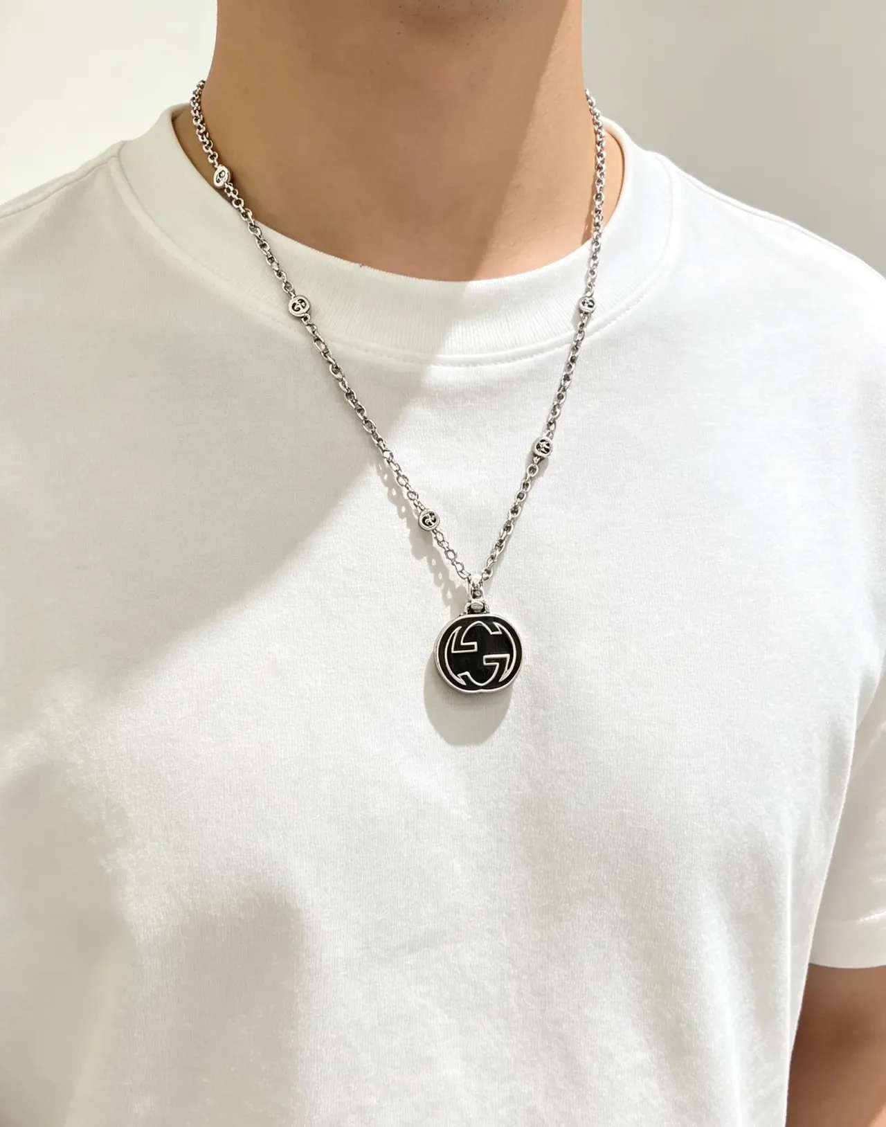 Gucci GG Marmont Silver Black Chain Enamel Pendant Necklace 3