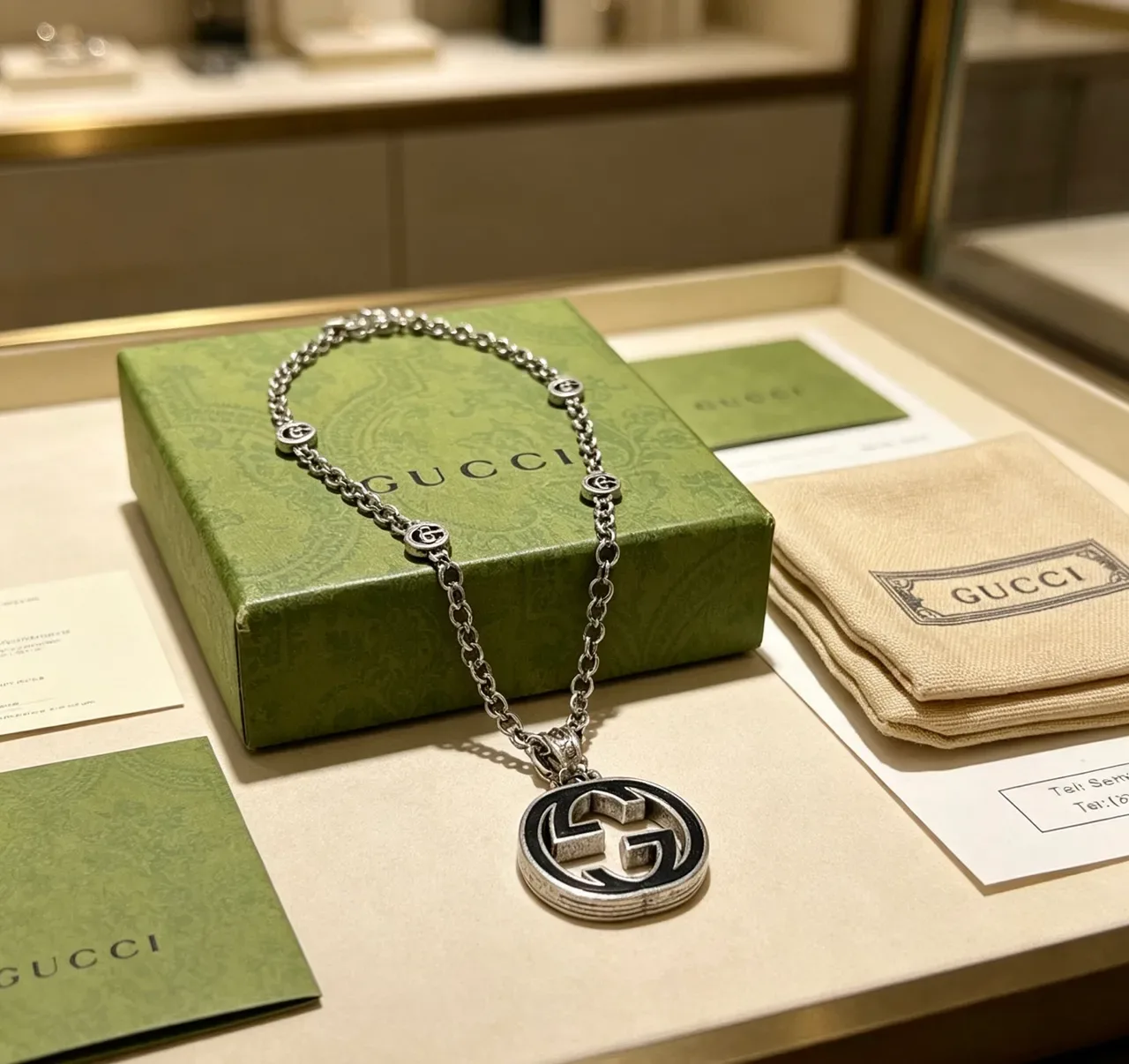 Gucci GG Marmont Silver Black Chain Enamel Pendant Necklace 4