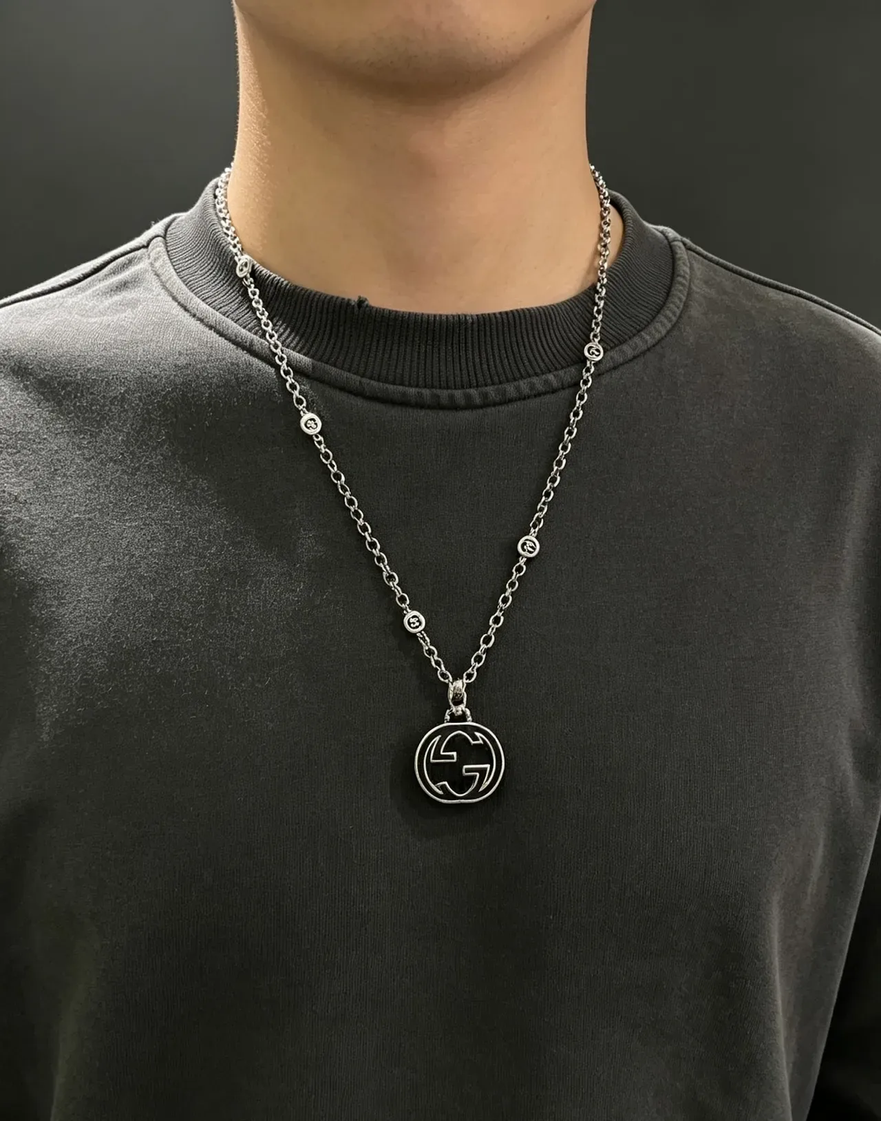 Gucci GG Marmont Silver Black Chain Enamel Pendant Necklace 5