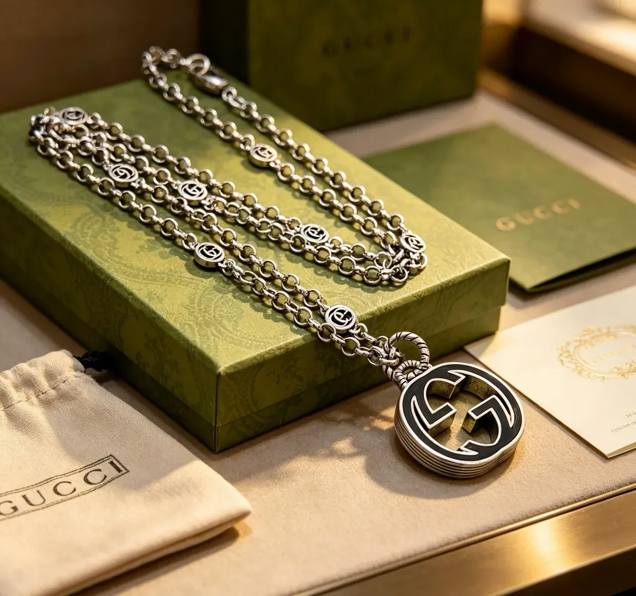 Gucci GG Marmont Silver Black Chain Enamel Pendant Necklace 6