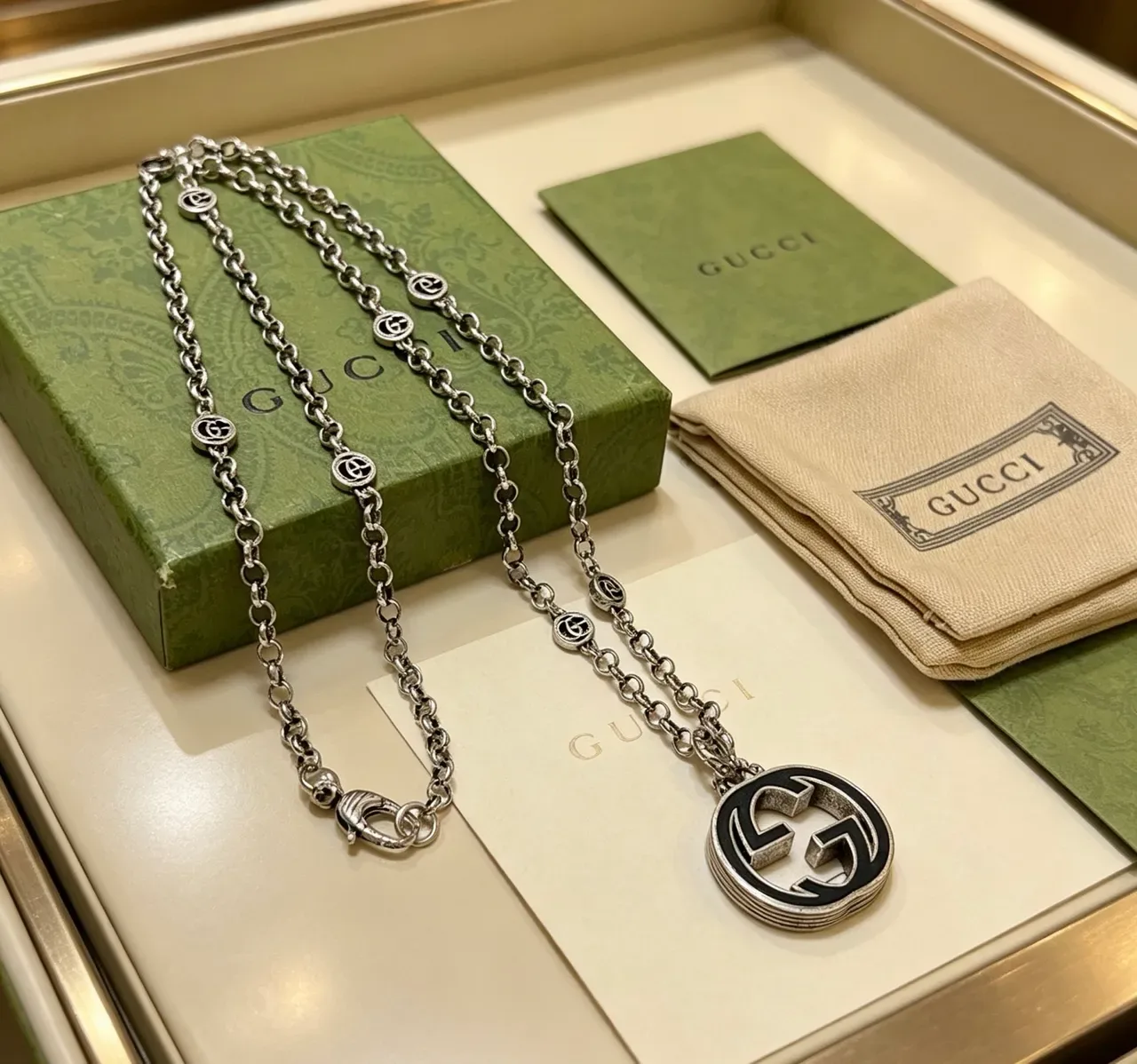 Gucci GG Marmont Silver Black Chain Enamel Pendant Necklace 7
