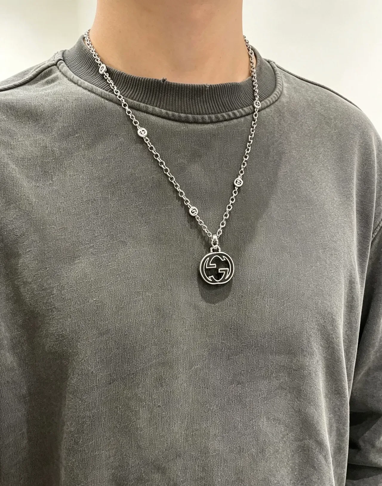 Gucci GG Marmont Silver Black Chain Enamel Pendant Necklace 8