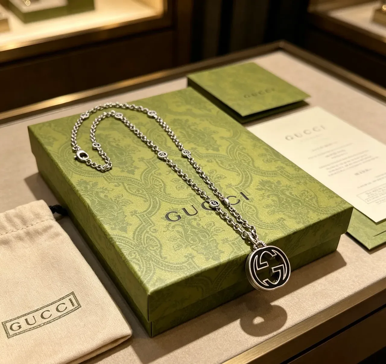 Gucci GG Marmont Silver Black Chain Enamel Pendant Necklace 9