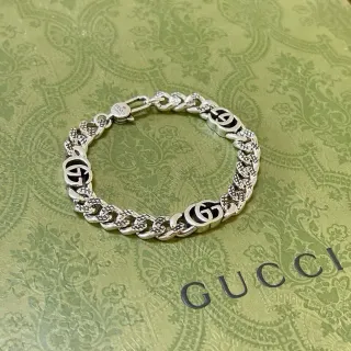 Gucci GG Marmont Silver Black Chunky Curb Chain Interlocking Logo Bracelet