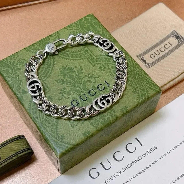 Gucci GG Marmont Silver Black Chunky Curb Chain Interlocking Logo Bracelet 5