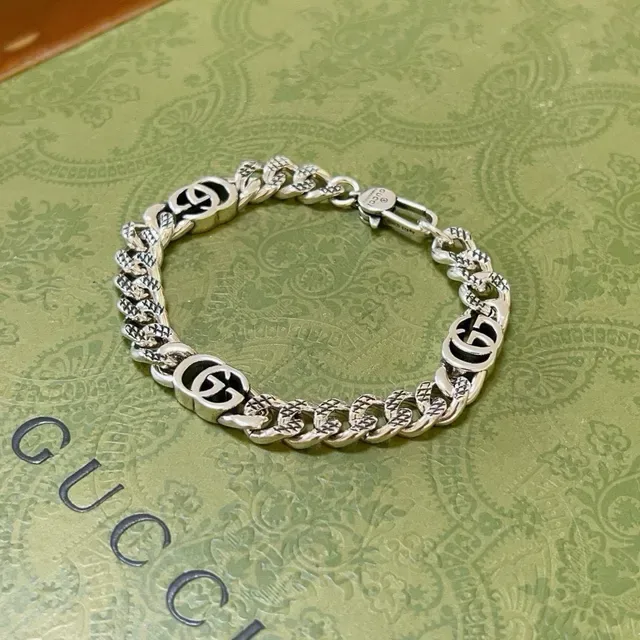Gucci GG Marmont Silver Black Chunky Curb Chain Interlocking Logo Bracelet 6
