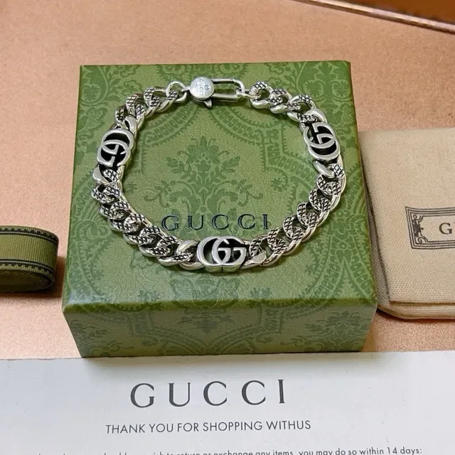 Gucci GG Marmont Silver Black Chunky Curb Chain Interlocking Logo Bracelet 9