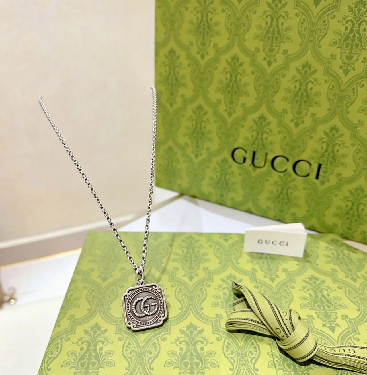 Gucci GG Marmont Silver Black Rectangular Pendant Necklace 4