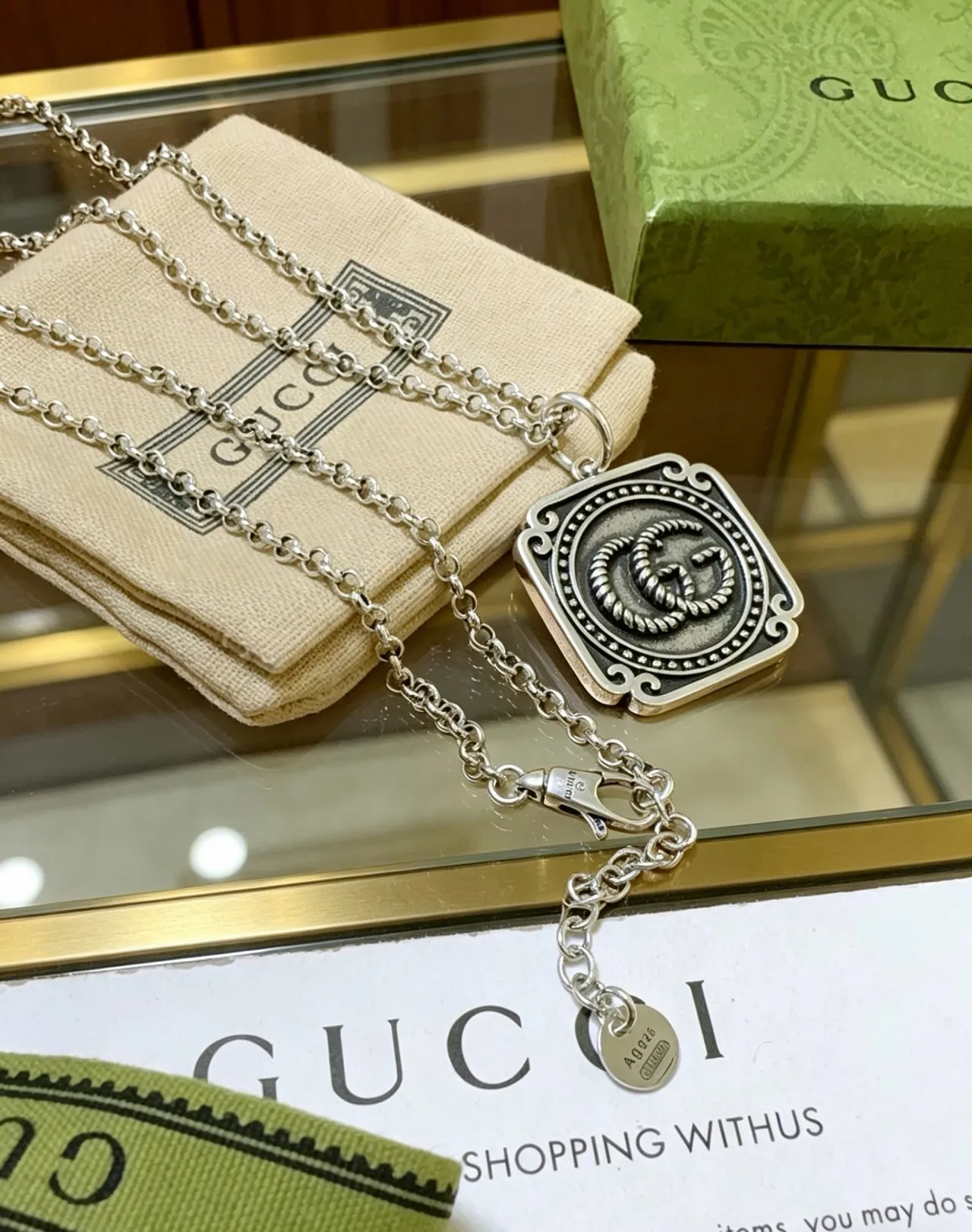 Gucci GG Marmont Silver Black Rectangular Pendant Necklace 6