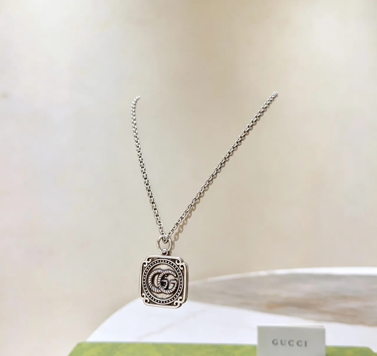 Gucci GG Marmont Silver Black Rectangular Pendant Necklace 7