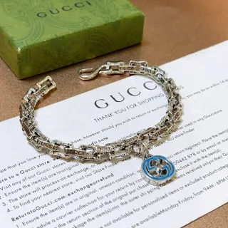 Gucci GG Marmont Silver Blue Chain-Link Engraved Logo Links Bracelet