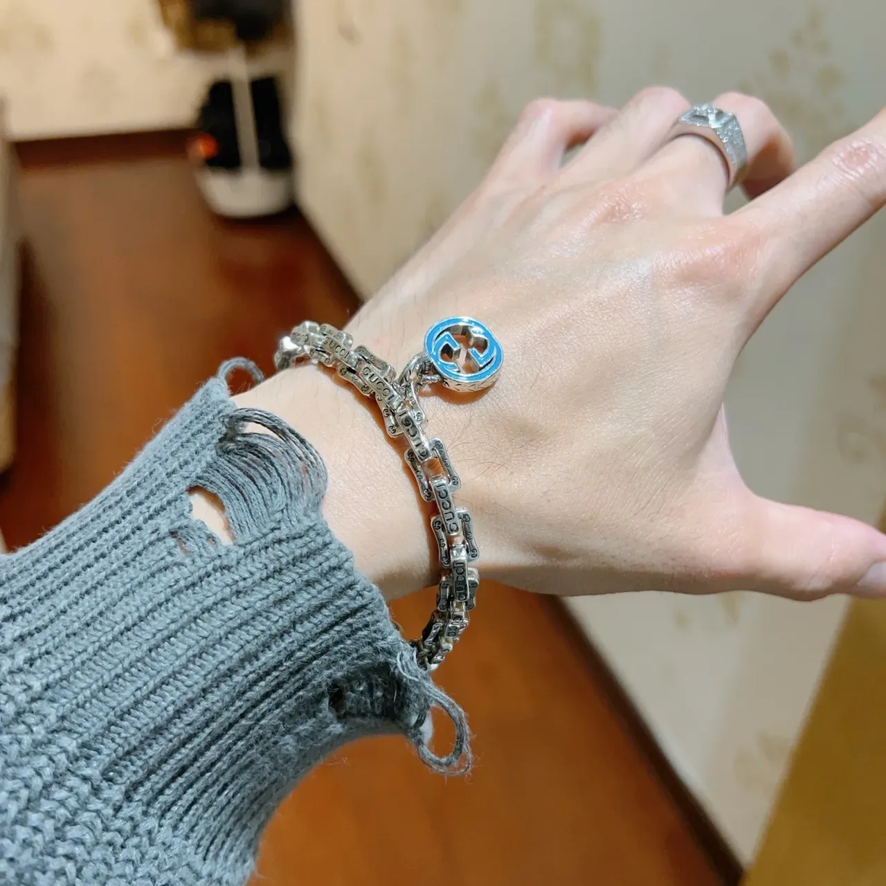 Gucci GG Marmont Silver Blue Chain-Link Engraved Logo Links Bracelet 2