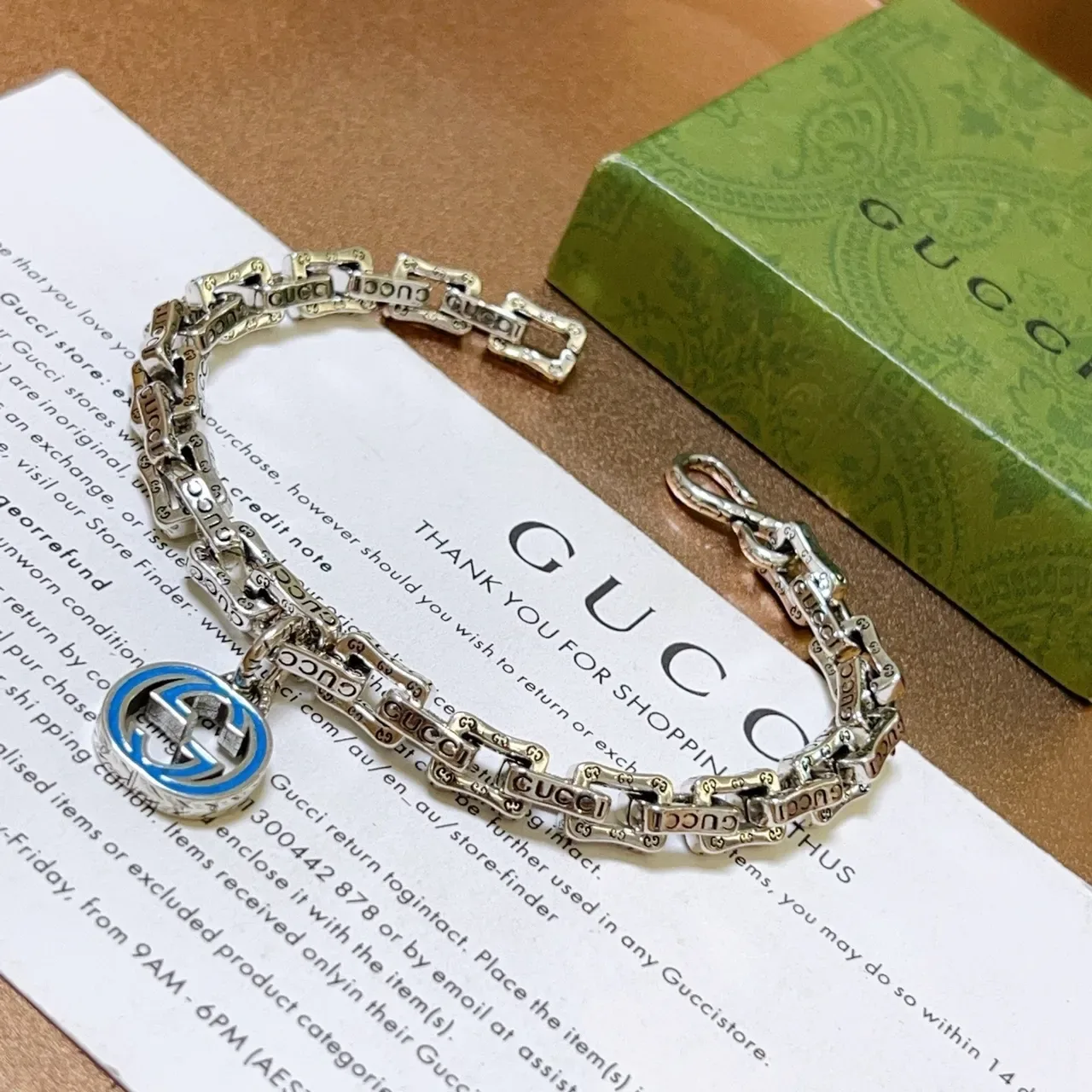 Gucci GG Marmont Silver Blue Chain-Link Engraved Logo Links Bracelet 3
