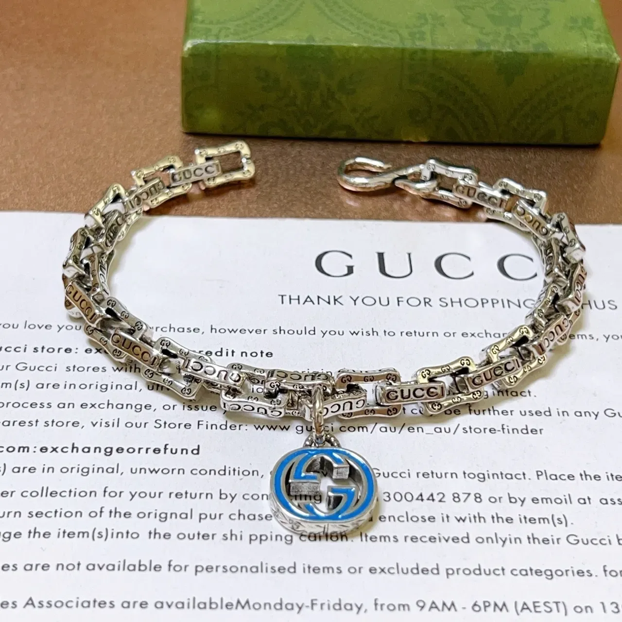 Gucci GG Marmont Silver Blue Chain-Link Engraved Logo Links Bracelet 7