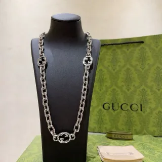 Gucci GG Marmont Silver Green Heavy-Link Chain Engraved Double-G Medallions Necklace