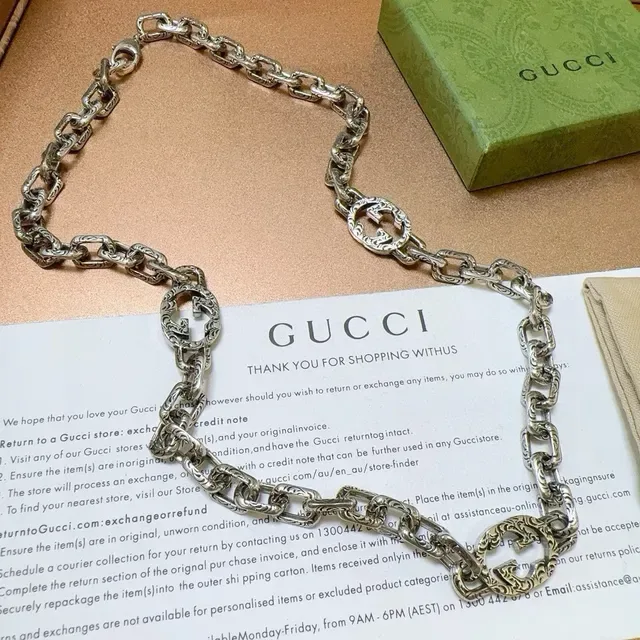 Gucci GG Marmont Silver Green Heavy-Link Chain Engraved Double-G Medallions Necklace 3