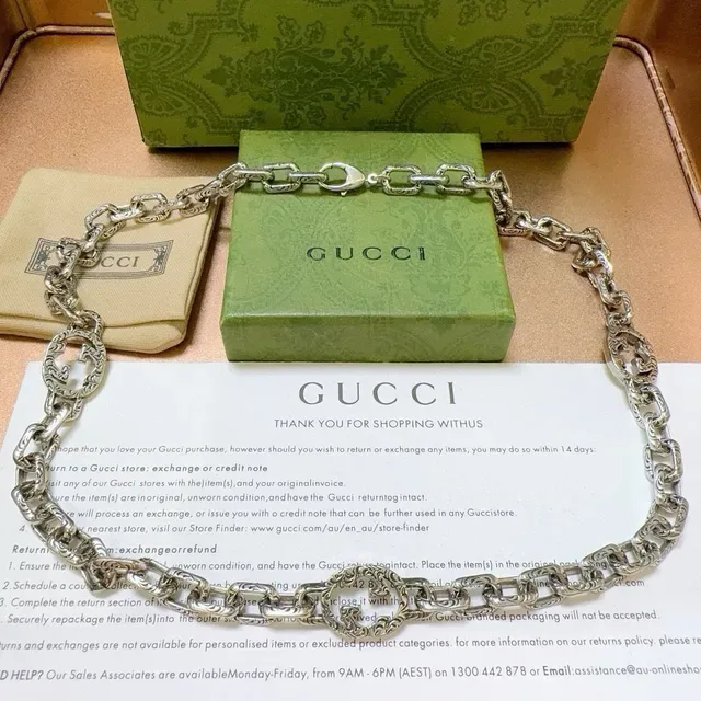 Gucci GG Marmont Silver Green Heavy-Link Chain Engraved Double-G Medallions Necklace 4