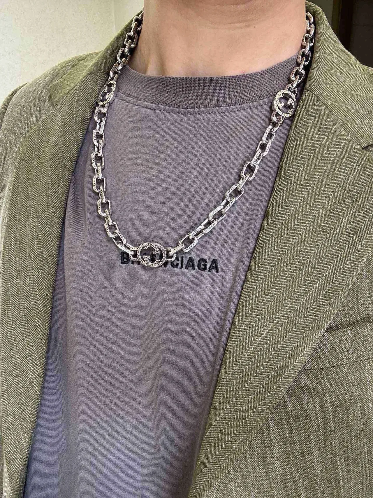 Gucci GG Marmont Silver Green Heavy-Link Chain Engraved Double-G Medallions Necklace 6
